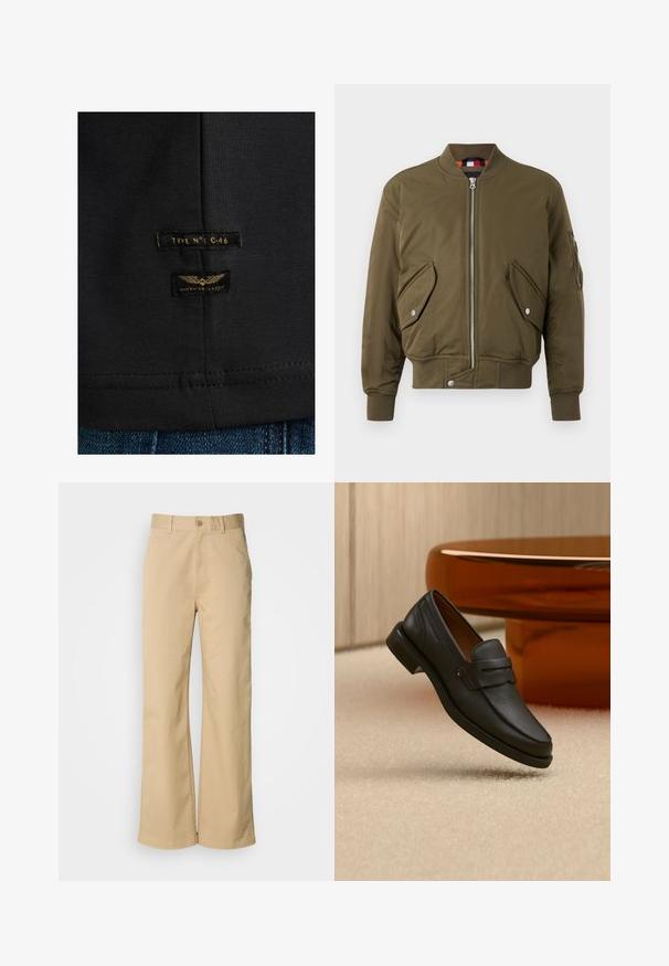 Oliven grøn bomberjakke med lynlås, ribbet krave, sidelommer og et tekstureret stof med en glat overflade.; Sort bomulds t-shirt med to labels: "TYPE N°: C-46" og "AMERICAN CLASSIC," med guld tekst og vinge grafik. Syet kantdetalje.; Beige, vidde bukser lavet af en bomuldsblanding. Har en knaplukning og bæltestropper. Glat tekstur med minimale syninger.; Sort læder herreloafer med bånd tværs over toppen, vist på beige tæppe nær et brunt moderne rundt bord.