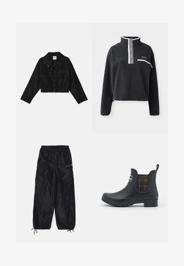 Schwarze cropped Jacke aus glattem Stoff; mit einem Kragen, durchgehendem Reißverschluss, zwei Brusttaschen und elastischen Bündchen an Saum und Ärmeln.; Schwarzer Fleece-Pullover mit halbem Reißverschlusskragen, ausgestattet mit einer vorderen Brusttasche und kontrastierenden weißen und grauen Akzenten. Weicher Stoff, cropped Design.; Schwarze Cargo-Hosen aus glänzendem Nylon mit elastischem Bund, verstellbarem Kordelzug, Seitentaschen und elastischen Bundabschlüssen.; Barbour KINGHAM - Gummistiefel - black