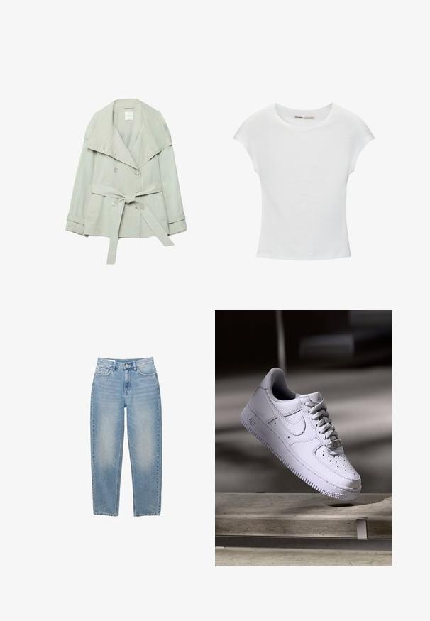 Trench-coat beige clair à double boutonnage avec grand revers, ceinture à la taille nouée à l'avant et poignets boutonnés, étalé à plat sur fond blanc.; T-shirt en coton blanc avec manches courtes retroussées, encolure ronde et ourlet droit. Texture lisse sans motifs ni accents visibles.; Jean en denim bleu clair à jambes droites avec bouton frontal, fermeture éclair et cinq poches, présenté sur un fond blanc.; Baskets Nike Air Force 1 blanches lévitant au-dessus d'une surface en béton avec des ombres dans un cadre minimaliste.