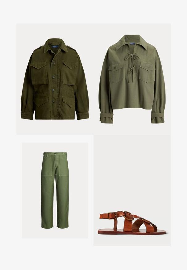 Olivgroene militairstijl jas met knopen aan de voorkant, vier klepzakken en schouderepauletten, kraag naar beneden gevouwen.; Olijfgroen overhemd met lange mouwen, grote kraag, veterdetail aan de voorkant, twee borstzakken met knopen en manchetten met riempjes.; Olijfgroene rechte broek met grote voorzakken, riemlussen en knoopsluiting tegen een effen lichte achtergrond.; Bruine leren sandaletten met een ontwerp van horizontale en ronde banden, platte zool en een metalen sluiting, met een gladde textuur.