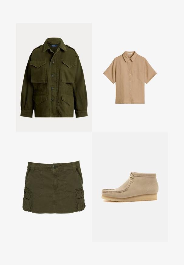 Olivgroene militairstijl jas met knopen aan de voorkant, vier klepzakken en schouderepauletten, kraag naar beneden gevouwen.; Beige overhemd met korte mouwen, knopen, puntige kraag en borstzak, gemaakt van lichtgewicht stof.; Kaki groene cargorok van een katoenmix, met zijzakken, zichtbare stiksels en een knoopsluiting in de taille.; Beige suède enkellaars met crepezool en mocassinstiksels, met twee veterogen en een platte hak.