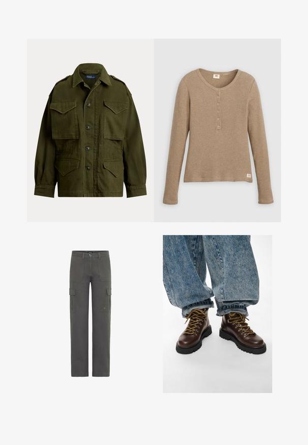 Veste de style militaire vert olive avec fermeture à boutons, quatre poches à rabat et épaulettes, col rabattu.; Chemise henley beige à manches longues en maille gaufrée avec encolure ronde et patte de boutonnage à cinq boutons, présentée à plat sur fond blanc.; Pantalons cargo en coton gris foncé avec une coupe droite. Dotés de deux poches latérales et d'une fermeture à bouton. Tissu durable avec une légère texture.; Bottes de randonnée en cuir marron avec lacets jaunes portées avec un jean bleu retroussé sur fond blanc.