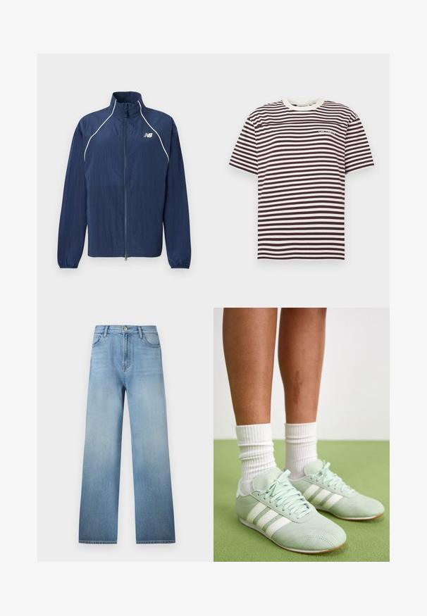 Veste coupe-vent bleu marine, dotée d'un col montant, d'une fermeture éclair longue, de poignets élastiques et d'accents blancs réfléchissants le long des coutures.; T-shirt à manches courtes rayé avec des lignes horizontales alternées marron foncé et blanches, et un petit logo sur le côté gauche de la poitrine.; Jean bleu clair coupe droite avec design à cinq poches, passants pour ceinture, fermeture par bouton, et un léger délavage de la taille à l'ourlet.; Baskets de sport vert menthe avec des rayures blanches, texture en cuir lisse, bout rond et semelle en caoutchouc, associées à des chaussettes blanches à côtes.