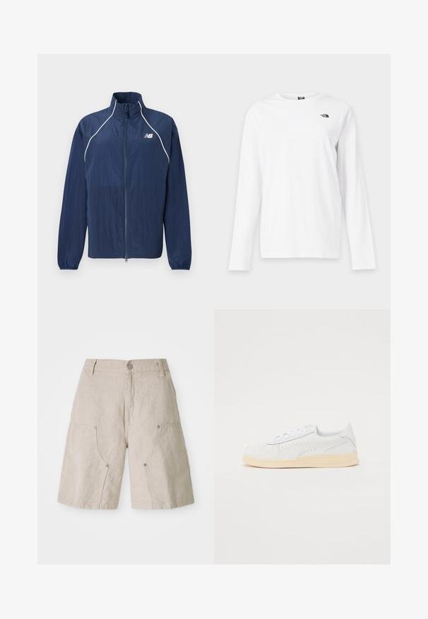 Mørkeblå vindjakke med høj krave, lynlås i fuld længde, elastiske manchetter og reflekterende hvide detaljer langs sømmene.; Hvid langærmet T-shirt med rund hals og lille sort The North Face-logo på venstre bryst.; Beige linnedshorts med en afslappet pasform, der har to forlommer og cirkulære metaldetaljer. Afslappet design med en tekstureret overflade.; Sneakers med hvid syntetisk overdel, perforeret design, flade snørebånd og cremefarvet gummisål. Har et logo på hælen og siden.