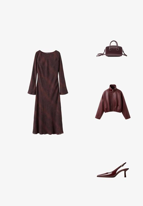 Veste courte en cuir marron foncé avec manches longues, col montant et fermeture éclair à l'avant.; Robe à manches longues en bordeaux foncé avec un motif abstrait subtil. Tissu doux et léger avec une coupe décontractée et un décolleté arrondi.; Pompe slingback en cuir verni bordeaux avec un bout pointu, un talon kitten de hauteur moyenne et une sangle à boucle en argent sur fond blanc.; Petit sac à main en cuir brun foncé avec doubles poignées et une bandoulière amovible sur fond blanc.