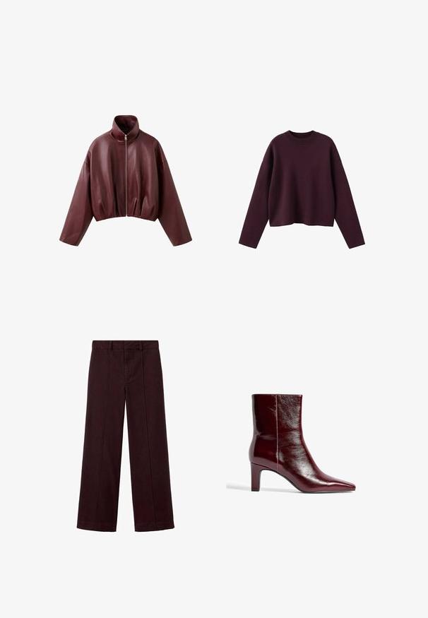 Mørkebrun læderkort jakke med lange ærmer, høj krave og lynlåslukning foran.; Bourgognefarvet strikket sweater med cropped design, ribbet rund halsudskæring og lange ærmer. Blød tekstur og afslappet pasform, minimal detaljering.; Mørkebrune bukser med vide ben, forvasket med plisseringer foran, bæltestropper og en linning, vist fladt mod en hvid baggrund.; Burgundy læder ankelstøvle med spids tå, slankt design og en mellemstor blokhæl. Glat tekstur og minimal sømdetaljering.