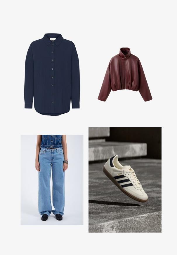 Donkerbruine leren korte jas met lange mouwen, hoge kraag en ritssluiting aan de voorkant.; Donker marineblauw overhemd met lange mouwen, een klassieke kraag, knoopsluiting aan de voorkant en een relaxed fit. Heeft een subtiele textuur en een ronde zoom.; Persoon draagt lichtblauwe wijde jeans, een mouwloos donkerblauw spijkervest, zwarte schoenen en een dikke zilveren armband aan de rechterpols.; Witte Adidas Samba sneaker met zwarte strepen en gumzool, zwevend boven gestructureerde grijze betonnen treden.