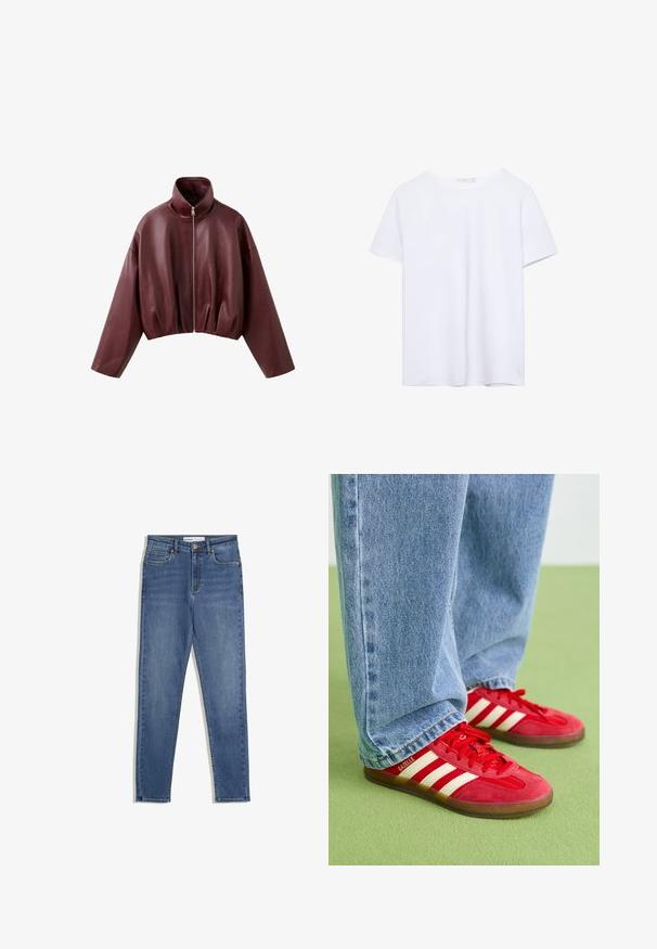 Dunkelbraune, kurze Lederjacke mit langen Ärmeln, hohem Kragen und vorderem Reißverschluss.; Ein einfarbiges weißes T-Shirt mit kurzen Ärmeln und Rundhalsausschnitt, mit geradem Saum, auf einem weißen Hintergrund präsentiert.; Blaue Denim-Jeans mit hoher Taille, slim Fit, Fronttaschen, Reißverschluss und kontrastierenden Nähten. Strukturierte Gestaltung mit glatter Textur.; Rote Wildleder-Sneaker mit drei weißen Streifen, runder Zehenpartie und strukturiertem Profil, kombiniert mit hellblauen Jeans auf einem grünen Hintergrund.