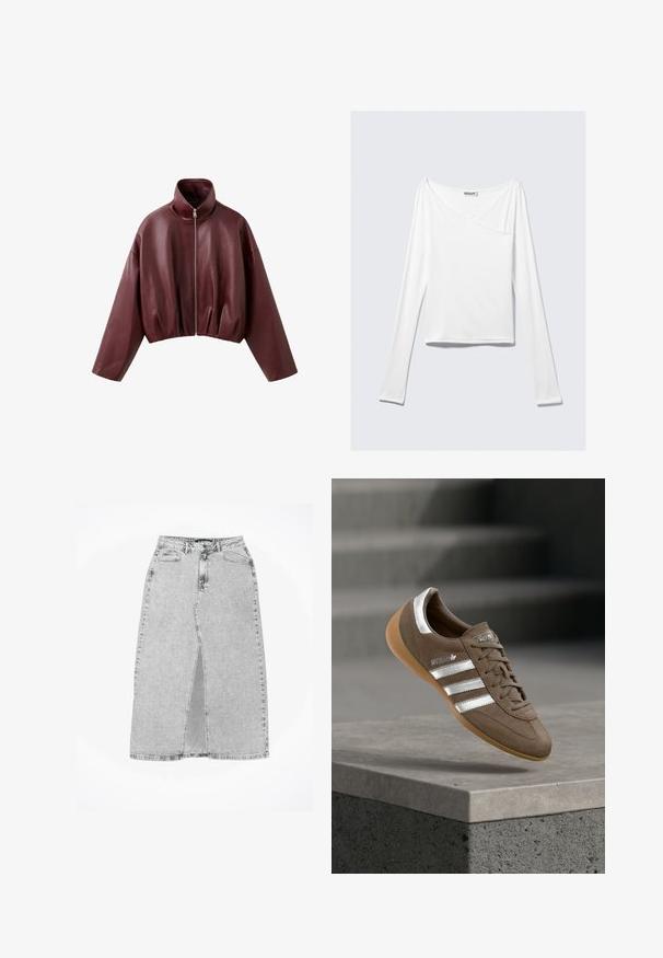 Chaqueta corta de cuero marrón oscuro con mangas largas, cuello alto y cierre frontal con cremallera.; Top blanco de manga larga con diseño cruzado y un bolsillo. Fabricado en una tela suave y elástica. Con un corte casual y relajado.; Falda de mezclilla gris con una abertura frontal, tiro alto, cinco bolsillos y detalles de costura. Dobladillo recto con un leve desgaste. Diseño clásico.; Zapatilla deportiva de ante marrón con franjas blancas y detalles plateados, con parte superior texturizada, diseño con cordones y suela de goma color chicle.