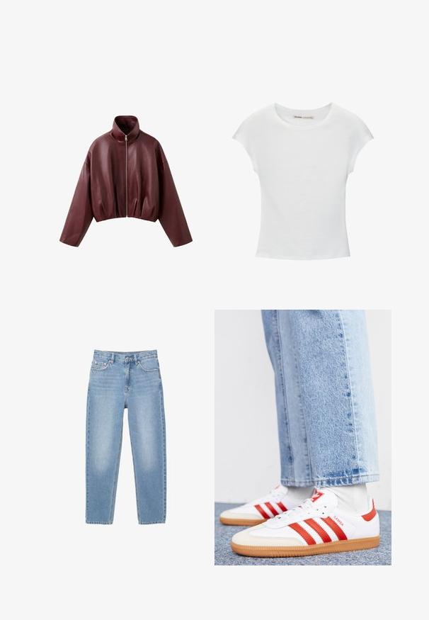 Dunkelbraune, kurze Lederjacke mit langen Ärmeln, hohem Kragen und vorderem Reißverschluss.; Weißes Baumwoll-T-Shirt mit kurzen, aufgerollten Ärmeln, rundem Ausschnitt und geradem Saum. Glatte Textur ohne sichtbare Muster oder Akzente.; Hellblaue Denim-Jeans mit hoher Taille, Frontknopf, Reißverschluss und Fünf-Taschen-Design, flach auf weißem Hintergrund dargestellt.; Weiße Leder Sneaker mit roten Streifen und Akzenten. Verfügt über eine strukturierte Gummi-Laufsohle und einen gepolsterten Schaft. Tragen mit hellblauer Jeans.