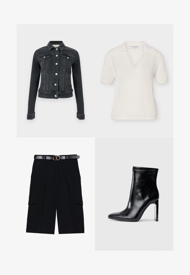Zwarte denim jas met lange mouwen, vooraan knoopsluiting, twee borstzakken met klep en zijzakken, weergegeven op een effen achtergrond.; Wit gebreid poloshirt met korte mouw, open geweven patroon en kraag van het merk Marc O'Polo.; Zwarte cargokortingen gemaakt van lichtgewicht stof, met een rechte snit, zijzakken en een leren riem in bruin met een zilveren gesp.; Zwarte leren enkellaars met een spitse neus en hoge doorzichtige hak. Gleed tekstuur en minimale stikseldetails op het bovenmateriaal.