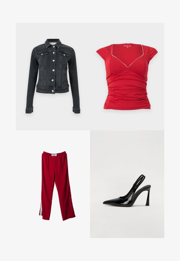 Schwarze Jeansjacke mit langen Ärmeln, vorderer Knopfleiste, zwei Brustklappentaschen und seitlichen Leistentaschen, vor einfachem Hintergrund dargestellt.; Rotes, figurbetontes Kurzarmoberteil mit quadratischem Ausschnitt, dezentem, gewelltem weißen Saum und gerafften Details an der Taille.; Rote Sporthose mit elastischem Bund, seitlichen Schlitzen und dezenten Falten. Das Material scheint glatt zu sein und es befindet sich ein Etikett am Bund.; Schwarze Lackleder Slingback-Pumps mit spitzem Zehenbereich, schlankem hohen Absatz und doppeltem elastischen Riemen für einen sicheren Sitz. Glatte, glänzende Oberfläche.