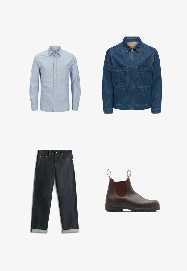 Chaqueta vaquera en azul oscuro con cremallera frontal, dos grandes bolsillos de parche, cuello de pico y líneas limpias. Hecha de tela ligera y texturizada.; Camisa de botones de manga larga azul claro con un bolsillo en el pecho izquierdo. Hecha de una tela suave con una textura lisa y un sutil detalle de logo.; Vaqueros de mezclilla azul oscuro con puños enrollados, cinco bolsillos y costuras de contraste, extendidos planos sobre un fondo blanco.; Botas Chelsea de cuero marrón con paneles laterales elásticos y tiradores. Parte superior texturizada, suela de goma duradera y detalle de costura en contraste.