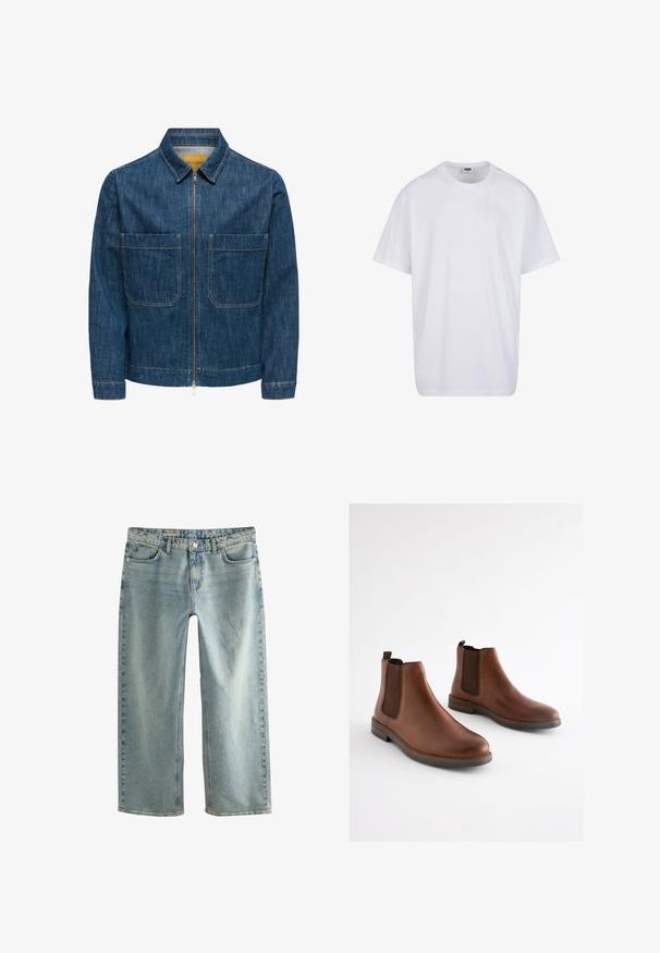 Jeansjacke in Dunkelblau mit einem Frontreißverschluss, zwei großen aufgesetzten Taschen, spitzem Kragen und klaren Linien. Hergestellt aus leichtem, strukturiertem Stoff.; Schlichtes weißes Kurzarm-T-Shirt aus Baumwolle mit Rundhalsausschnitt und sichtbarem Größen- sowie Markenlabel im Innenkragen.; Hellblaue, bequeme Baggy-Jeans aus Denim mit geradem Bein, fünf Taschen und sichtbarem Knopfverschluss.; Braune Leder-Stiefeletten mit elastischen seitlichen Einsätzen, einer abgerundeten Spitze und einem gestapelten Absatz. Glatte Textur mit kontrastierenden braunen Akzenten.