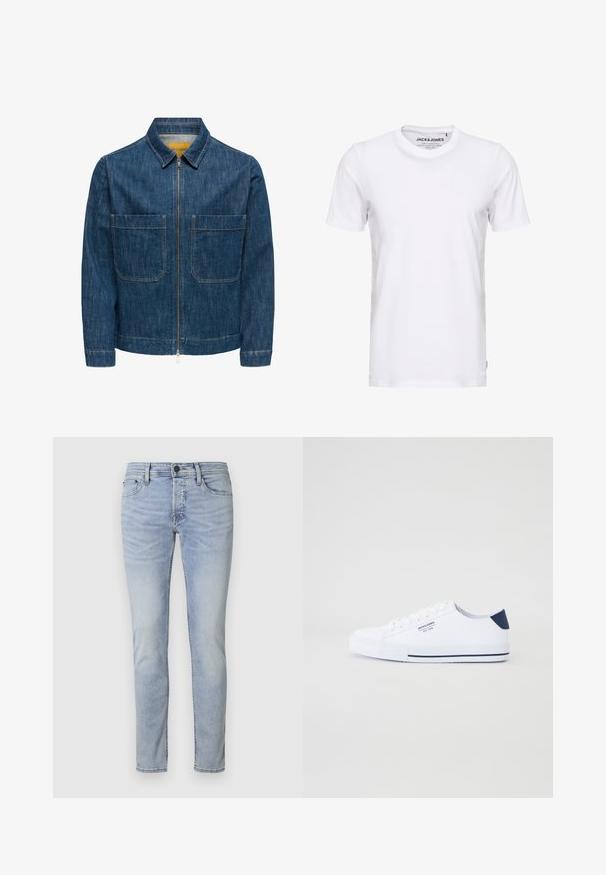 Veste en denim bleu foncé avec une fermeture éclair à l'avant, deux grandes poches plaquées, un col pointu et des lignes épurées. Fabriquée en tissu texturé léger.; T-shirt blanc à manches courtes en coton, avec un col rond et un design simple. Étiquette de marque visible au niveau du cou. Aucun motif ni accent.; Jean en denim bleu clair avec une coupe slim, design à cinq poches et fermeture éclair. Présente un léger délavage et des détails brodés le long des coutures.; Baskets en toile blanches avec un accent de talon marine, semelle en caoutchouc plate, bout rond et lacets blancs. Présente un logo sur le côté.
