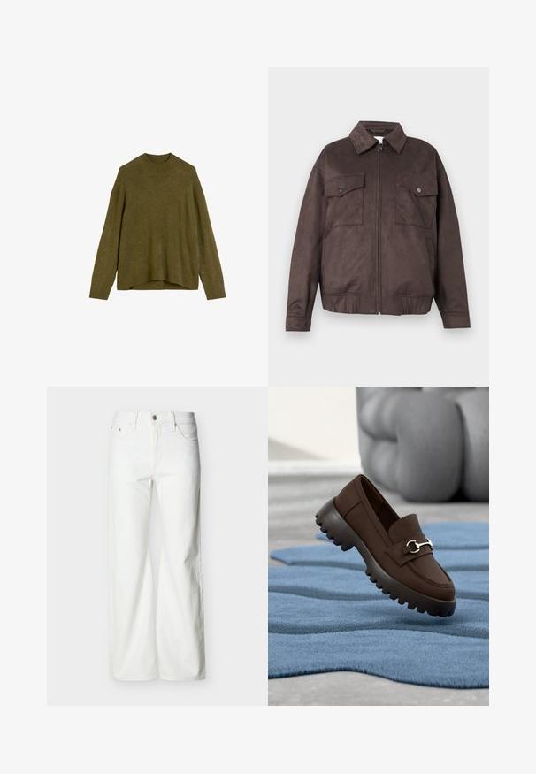 Donkerbruine suede jas met lange mouwen, puntige kraag, ritssluiting aan de voorkant, twee klepborstzakken met knopen en twee zijzakken.; Olijfgroen gebreid truitje met een geribbelde ronde hals, afhangende schouders en een losse pasvorm. De zoom is aan de achterkant iets langer.; Witte jeans met rechte pijpen en hoge taille, voorzien van een knoopsluiting aan de voorkant, rits, en zij- en achterzakken, tegen een effen lichte achtergrond.; Donkerbruine loafer met dikke geribbelde zool en zilveren detail, rustend op een blauwe gestructureerde vloerkleed met grijze beklede meubels op de achtergrond.