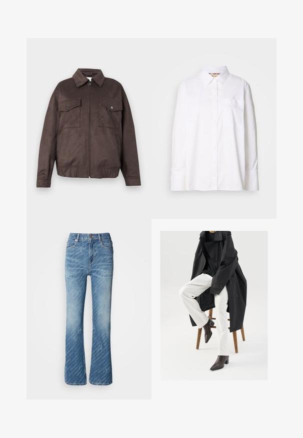Veste en daim marron foncé avec des manches longues, un col pointu, une fermeture éclair à l'avant, deux poches poitrine à rabat avec boutons et deux poches latérales.; Chemise blanche à manches longues en coton. Dotée d'un col, de longues manches, d'une poche poitrine et d'une texture subtile. Design uni sans motifs.; Jean en denim bleu évasé avec un délavage léger, motif de texte blanc diagonal, design à cinq poches et fermeture à bouton en métal.; Un trench-coat noir, surdimensionné, porté sur un haut noir, associé à un pantalon blanc et des bottines à bout pointu marron, assis sur un tabouret en bois.