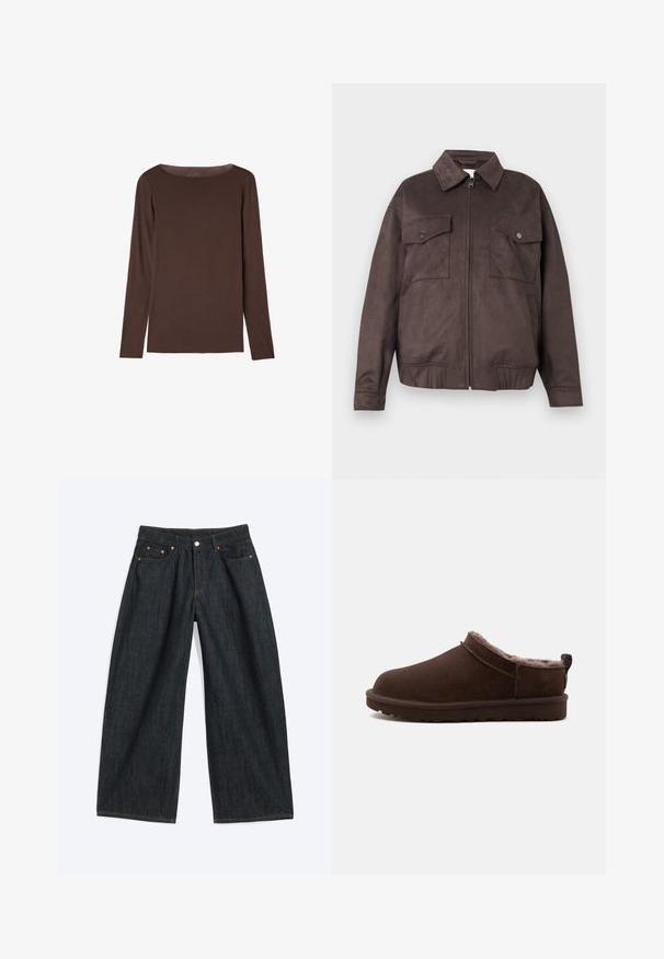 Chaqueta de ante marrón oscuro con mangas largas, cuello puntiagudo, cierre frontal con cremallera, dos bolsillos en el pecho con solapa y botones, y dos bolsillos laterales.; Camiseta marrón de manga larga con cuello redondo, diseño simple y ajustado, sin patrones ni logotipos visibles.; Vaqueros vaqueros de pierna ancha de color azul oscuro con bolsillos delanteros y trabillas para cinturón, extendidos sobre un fondo claro.; Zapatilla marrón de tipo slip-on con forro suave de felpa y suela de goma plana, diseñada para comodidad y calor en interiores.