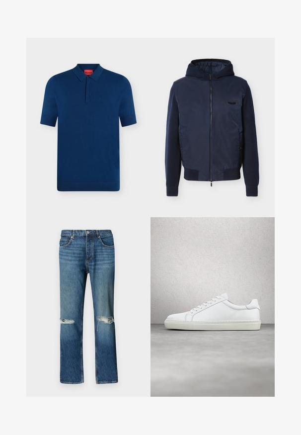 Veste à capuche zippée bleu marine avec poignets et ourlet côtelés, poches latérales, et petit emblème noir sur la poitrine gauche.; Polo bleu marine à manches courtes avec col et patte de boutonnage, avec une étiquette rouge à l'intérieur de l'encolure.; Jean en denim bleu à jambe droite avec des déchirures usées sur les deux genoux, fermeture à boutons sur le devant et design à cinq poches.; Sneaker blanche avec une tige en cuir lisse et un profil bas. Présente un bout arrondi, six œillets et une semelle en caoutchouc texturé.