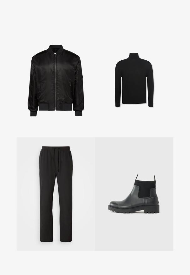 Schwarze Bomberjacke mit Frontreißverschluss, geripptem Kragen, Bündchen und Saum sowie zwei vorderen Reißverschlusstaschen auf weißem Hintergrund.; Schwarzer Langarm-Rollkragenpullover mit schmaler Passform und dezentem Logo auf der linken Brustseite, dargestellt vor weißem Hintergrund.; Schwarze Jogginghosen aus leichtem Stoff, mit einem elastischen Bund und verstellbaren Kordeln sowie Seitentaschen. Glatte Textur.; Schwarze Knöchelstiefel aus Gummi mit matter Oberfläche, die ein schlankes Design, elastische Einsätze und eine robuste Sohle für bessere Bodenhaftung bieten.