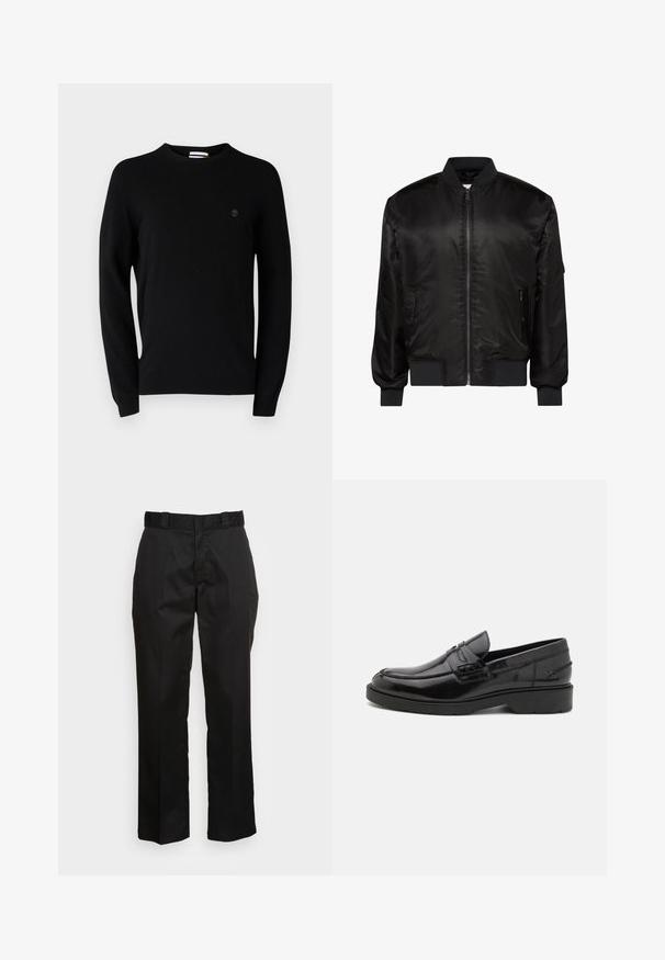Chaqueta bomber negra con cremallera frontal, cuello, puños y dobladillo acanalados, y dos bolsillos delanteros con cremallera sobre fondo blanco.; Suéter negro de cuello redondo hecho de un tejido suave, con mangas largas y un sutil logo en el pecho. Diseño simple, sin patrones ni acentos.; Pantalones negros hechos de una tela suave, con un diseño de pierna recta, trabillas para cinturón y dos bolsillos laterales. Un aspecto clásico sin adornos.; Mocasines de cuero negro con un acabado suave, punta redondeada, tacón bajo y costura decorativa en la parte delantera. Suela de goma para mayor agarre.