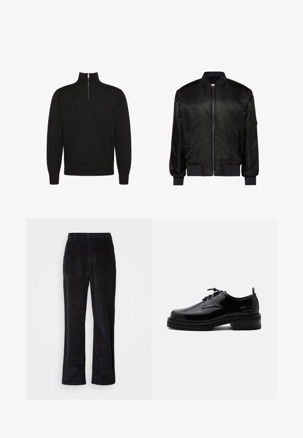 Veste bomber noire avec fermeture éclair devant, col, poignets et ourlet côtelés, et deux poches zippées à l'avant sur fond blanc.; Pull noir à manches longues avec fermeture éclair sur le devant jusqu'à mi-hauteur, poignets et bas côtelés, avec un petit logo discret sur la poitrine.; Pantalon en velours côtelé noir foncé avec une coupe droite, doté d'une fermeture à boutons, de passants pour ceinture et de poches latérales pour un port fonctionnel.; Chaussure en cuir noir poli à lacets, semelle en caoutchouc épaisse et talon bas, texte de marque "SAMSOE" sur le côté et languette arrière.