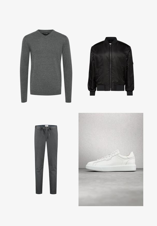 Veste bomber noire avec fermeture éclair devant, col, poignets et ourlet côtelés, et deux poches zippées à l'avant sur fond blanc.; Pull en V gris avec des manches longues, en tissu tricoté lisse. Doté de poignets et d'un ourlet côtelés, design minimaliste, sans motifs ni ornements.; Pantalons gris extensibles avec une texture lisse, taille à cordon de serrage et fermeture à bouton. Présente un design ajusté et des coutures minimales visibles.; Baskets en cuir blanc avec un bout arrondi, un laçage plat et une semelle en caoutchouc grise. Caractérisées par des coutures discrètes et un accent de logo.