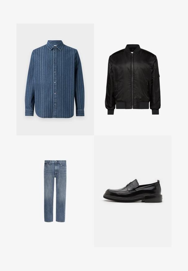 Zwarte bomberjas met rits aan de voorkant, geribde kraag, manchetten en zoom en twee voorzakken met rits op een witte achtergrond.; Samsøe Samsøe SADAMON SHIRT - Overhemd - denim; Blauwe spijkerbroek met rechte pijpen, voorzakken, riemlussen en een knoopsluiting.; Calvin Klein MOCCASIN - Zakelijke loafers - black