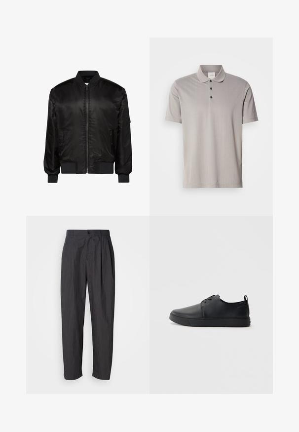 Veste bomber noire avec fermeture éclair devant, col, poignets et ourlet côtelés, et deux poches zippées à l'avant sur fond blanc.; Polo gris à manches courtes en tissu lisse, avec un col classique et trois boutons noirs. Motif à côtes verticales subtil sur l'ensemble.; Pantalons droit gris foncé avec passants de ceinture, fermeture à bouton à l'avant et poches latérales sur un fond clair.; Baskets en cuir noir avec une finition lisse, bout arrondi, coutures ton sur ton, devant à lacets et semelle plate en caoutchouc. Anse au talon.