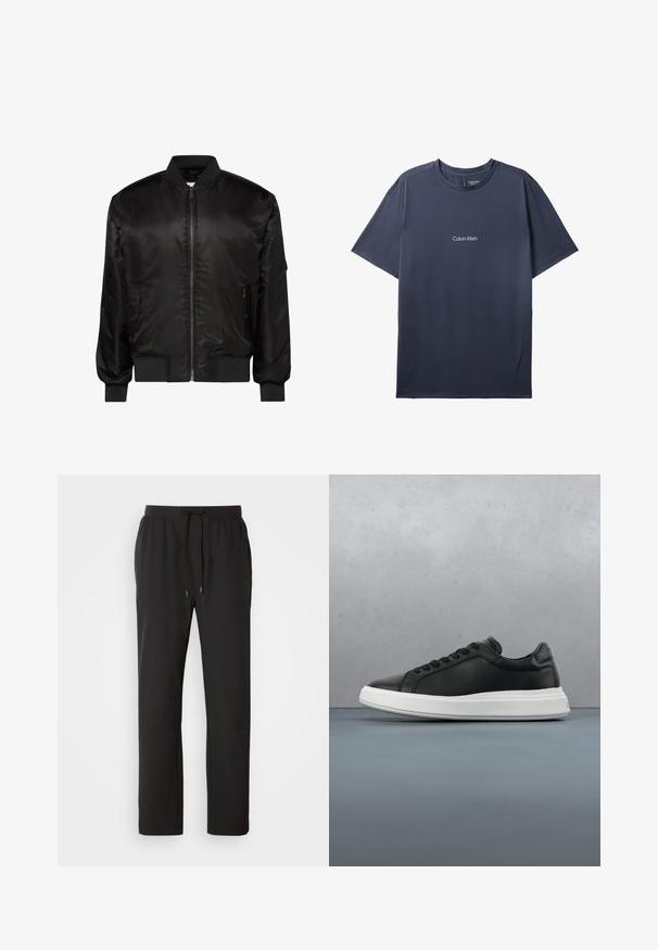 Sort bomberjakke med frontlynlås, ribkrave, manchetter og kant samt to forlommer med lynlås på hvid baggrund.; Mørkeblå Calvin Klein t-shirt med korte ærmer, rund hals og lille hvidt logo centreret på brystet.; Sorte joggerbukser lavet af letvægtsstof, med elastisk talje med justerbare snore og sidelommer. Glat tekstur.; Sorte lædersneakers med en glat overflade, hvid gummisål, afrundet form, seks øjer til snørebånd og diskret branding på hælen.