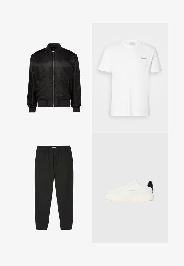 Chaqueta bomber negra con cremallera frontal, cuello, puños y dobladillo acanalados, y dos bolsillos delanteros con cremallera sobre fondo blanco.; Camiseta de algodón blanca con mangas cortas y un escote en forma de cuello redondo. Presenta un pequeño logotipo negro de "Calvin Klein" en el lado izquierdo del pecho.; Pantalones negros con cintura elástica, piernas rectas y bolsillos laterales, diseñados para uso casual o profesional.; Zapatilla de cuero blanca con un acento negro en el talón, presenta puntera redonda, cordones planos y una suela gruesa blanca. Logo de Calvin Klein visible.