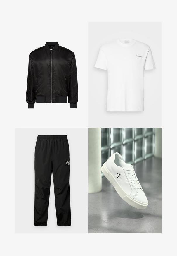 Sort bomberjakke med frontlynlås, ribkrave, manchetter og kant samt to forlommer med lynlås på hvid baggrund.; Hvid bomulds T-shirt med korte ærmer og rund halsudskæring. Har et lille sort "Calvin Klein" logo på venstre bryst.; Sorte regnbukser lavet af letvægts, vandtæt materiale. Har en elastisk talje og logo-detalje på siden. Glat tekstur.; Hvid Calvin Klein sneaker med snørebånd, vist svævende over en poleret betongulv og en baggrund af glasblokke.