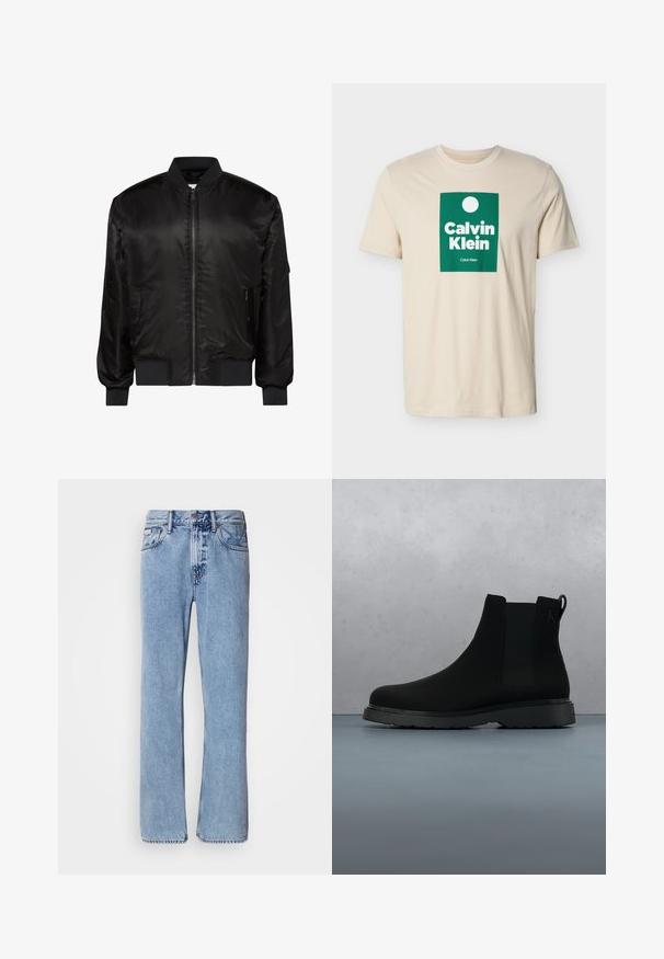 Sort bomberjakke med frontlynlås, ribkrave, manchetter og kant samt to forlommer med lynlås på hvid baggrund.; Beige t-shirt med korte ærmer og et grønt rektangulært logo med en hvid cirkel og teksten "Calvin Klein" i fede hvide bogstaver.; Lyseblå denimjeans med lige ben design, fem lommer og knaplukning. Syninger nær lommer og talje.; Sort ankelstøvle lavet af glat materiale med diskrete syninger, en gummisål og et strømlinet design, placeret over en overflade med træstruktur.
