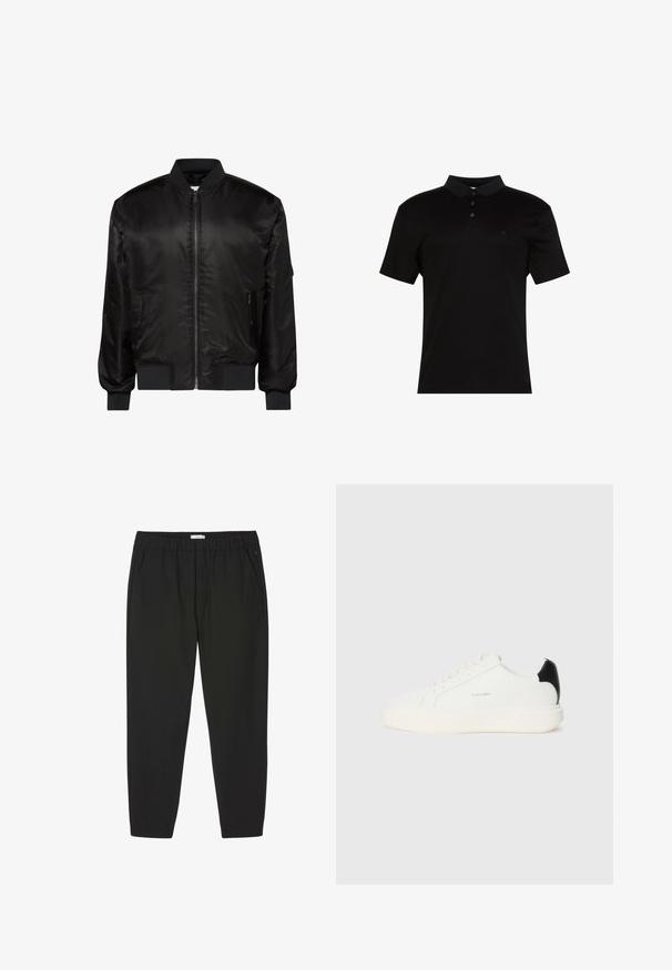 Veste bomber noire avec fermeture éclair devant, col, poignets et ourlet côtelés, et deux poches zippées à l'avant sur fond blanc.; Polo noir en tissu lisse, avec un col à revers, une patte à trois boutons et un petit logo sur le côté gauche de la poitrine.; Pantalon noir avec taille élastique, jambes droites et poches latérales, conçu pour un usage décontracté ou professionnel.; Baskets en cuir blanc avec un accent noir à l'arrière, présentant un bout rond, des lacets plats et une épaisse semelle blanche. Logo Calvin Klein affiché.