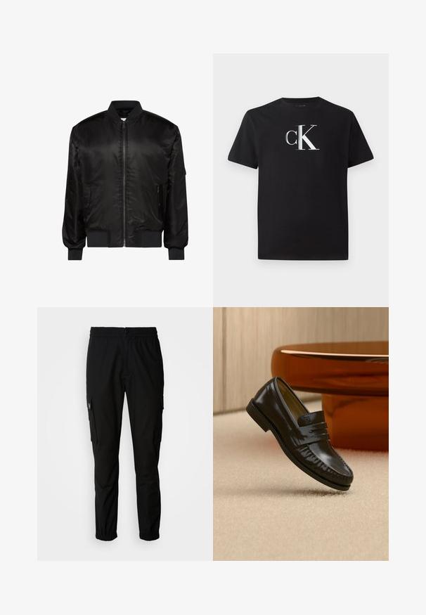 Chaqueta bomber negra con cremallera frontal, cuello, puños y dobladillo acanalados, y dos bolsillos delanteros con cremallera sobre fondo blanco.; Camiseta de algodón negra con un logo plateado "ck" en la parte frontal. Manga corta y cuello redondo con un ajuste regular.; Pantalones cargo negros de tela, con cintura elástica, cierre de botón y múltiples bolsillos laterales con solapas.; Mocasín de cuero negro brillante con detalle de correa, colocado sobre una alfombra beige cerca de una mesa de café redonda marrón en una habitación con iluminación suave.