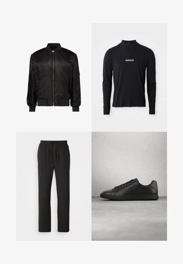 Veste bomber noire avec fermeture éclair devant, col, poignets et ourlet côtelés, et deux poches zippées à l'avant sur fond blanc.; Haut noir à manches longues avec un col montant, doté d'une fermeture éclair quart et du logo "CALVIN KLEIN" en blanc à l'avant. Tissu lisse et extensible.; Pantalons de jogging noirs en tissu léger, dotés d'une taille élastique avec cordons de serrage réglables et poches latérales. Texture lisse.; Baskets en cuir noir avec lacets et logo "ck" en relief flottant au-dessus d'un sol gris près d'un mur en verre brique.