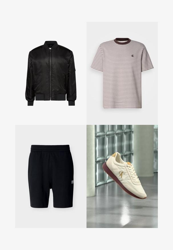 Veste bomber noire avec fermeture éclair devant, col, poignets et ourlet côtelés, et deux poches zippées à l'avant sur fond blanc.; T-shirt à manches courtes rayé présentant des rayures horizontales marron et crème, un col rond avec bordure marron, et un petit logo brodé sur la poitrine.; Shorts décontractés noirs avec taille élastique et petite étiquette logo sur la cuisse droite, présentés sur un fond clair uni.; Baskets couleur crème avec logo "CK" doré, lacets blancs et semelle marron flottant à l'intérieur sur fond de blocs de verre et sol en béton.