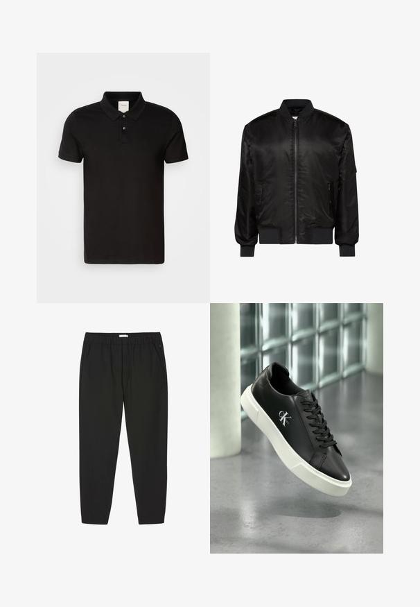 Chaqueta bomber negra con cremallera frontal, cuello, puños y dobladillo acanalados, y dos bolsillos delanteros con cremallera sobre fondo blanco.; Camisa polo negra hecha de una tela suave con un cuello clásico. Presenta dos botones en el cuello, mangas cortas y un logotipo sutil en el pecho.; Pantalones negros con cintura elástica, piernas rectas y bolsillos laterales, diseñados para uso casual o profesional.; Zapatilla deportiva de cuero negro con suela de goma blanca y el logo "CK Calvin Klein" en el lateral, mostrada sobre un fondo de vidrio con azulejos.