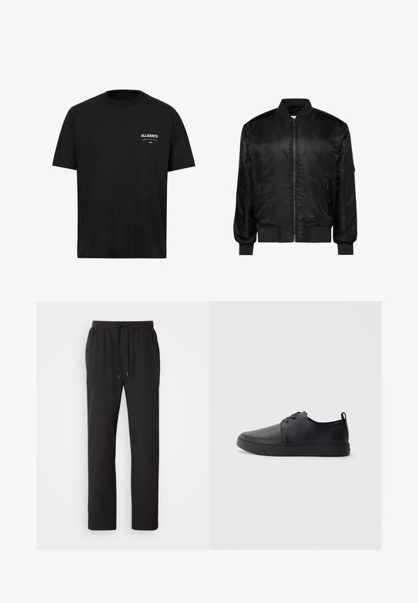 Veste bomber noire avec fermeture éclair devant, col, poignets et ourlet côtelés, et deux poches zippées à l'avant sur fond blanc.; T-shirt en coton noir à manches courtes et col ras du cou. Présente un texte blanc "ALLSAINTS" et "LONDON" sur la partie gauche de la poitrine.; Pantalons de jogging noirs en tissu léger, dotés d'une taille élastique avec cordons de serrage réglables et poches latérales. Texture lisse.; Baskets en cuir noir avec une finition lisse, bout arrondi, coutures ton sur ton, devant à lacets et semelle plate en caoutchouc. Anse au talon.