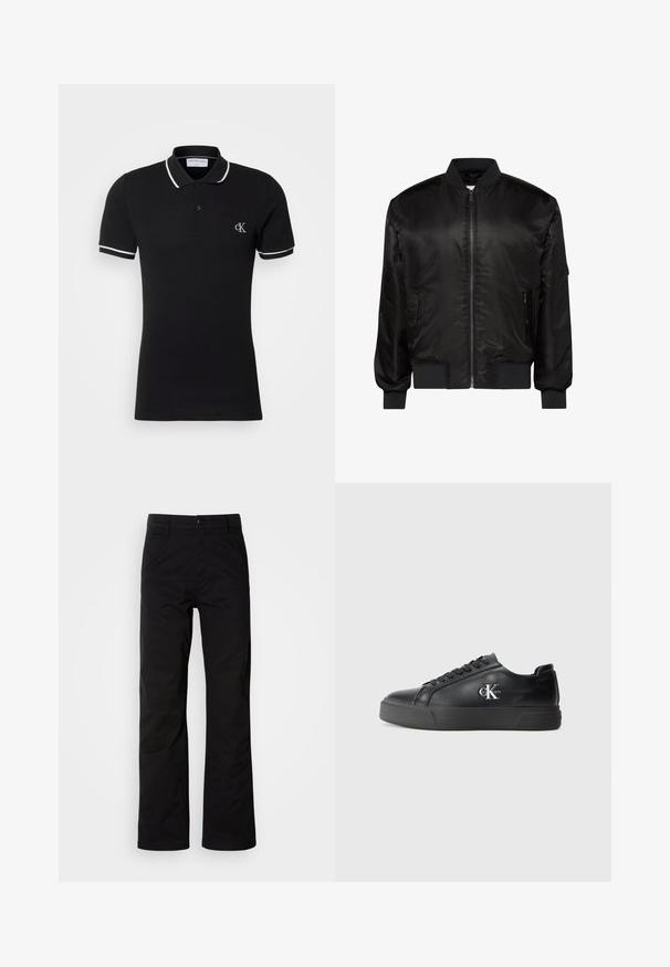 Zwarte bomberjas met rits aan de voorkant, geribde kraag, manchetten en zoom en twee voorzakken met rits op een witte achtergrond.; Zwart poloshirt met korte mouwen, witte bies op kraag en mouwen, knoopsluiting met twee knopen en klein wit "cK" logo op de linkerborst.; Zwarte katoenen broek met een recht design, voorzien van een knoopsluiting en riemlussen. Gladde textuur en minimalistische stijl zonder zichtbare patronen.; Zwarte leren sneaker met een ronde neus, vlakke zwarte zool en tonale veters. Voorzien van een zilveren logo aan de zijkant, met een gladde textuur overal.
