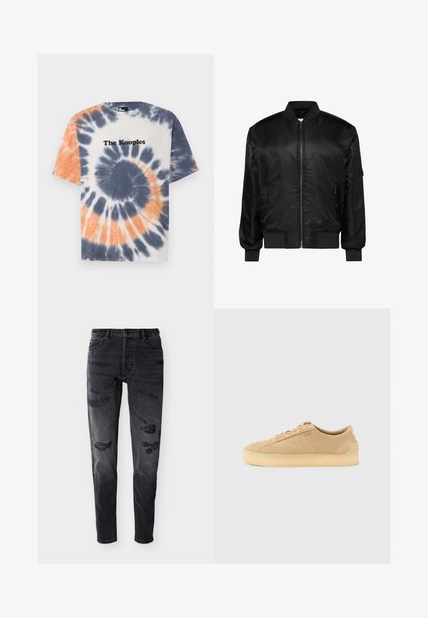Chaqueta bomber negra con cremallera frontal, cuello, puños y dobladillo acanalados, y dos bolsillos delanteros con cremallera sobre fondo blanco.; Camiseta de algodón con un patrón de tie-dye en azul, naranja y blanco, con cuello redondo y el logo de "The Kooples" en negro en el pecho.; Vaqueros ajustados de color negro desgastados, con botón frontal, trabillas para cinturón y parches gastados en los muslos y las rodillas, sobre un fondo blanco.; Zapatilla baja de ante beige con suela gruesa de goma, cierre delantero de cordones y sutil marca lateral sobre un fondo gris claro liso.