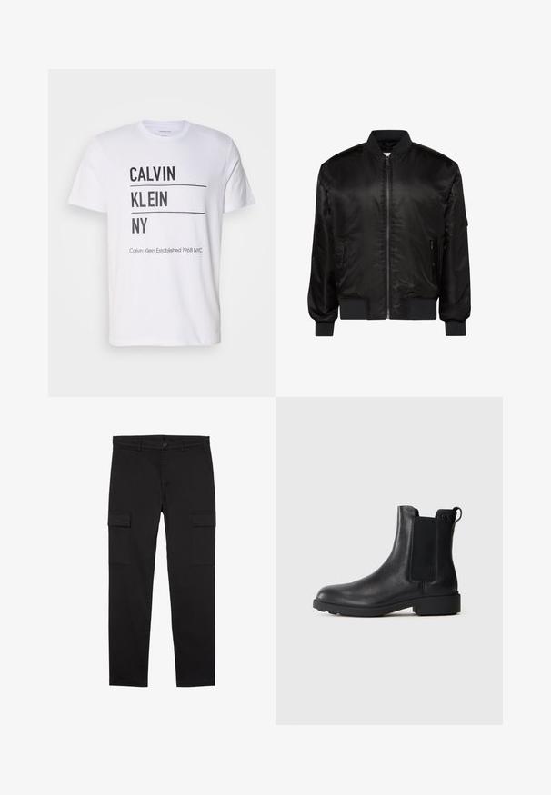 Zwarte bomberjas met rits aan de voorkant, geribde kraag, manchetten en zoom en twee voorzakken met rits op een witte achtergrond.; Witte t-shirt met zwarte tekst "CALVIN KLEIN NY," met twee horizontale lijnen en aanvullende tekst "Calvin Klein Established 1968 NYC" aan de onderkant.; Zwarte cargo broek met rechte pijpen, zij-flappenzakken, knoop aan de voorkant, riemlussen en een strak, minimalistisch ontwerp.; Zwarte leren enkelboot met elastische zijpanelen, trekhaak op de hiel en een lage blokzool tegen een effen achtergrond.