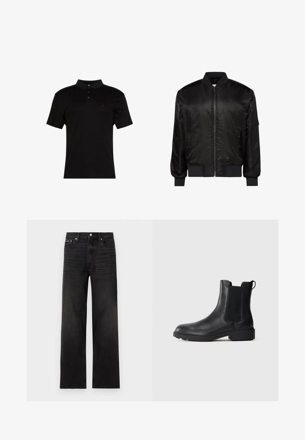 Chaqueta bomber negra con cremallera frontal, cuello, puños y dobladillo acanalados, y dos bolsillos delanteros con cremallera sobre fondo blanco.; Polo negro de tela suave, con cuello de solapa, tapeta con tres botones y un pequeño logo en el lado izquierdo del pecho.; Jeans negros de pierna recta con diseño de cinco bolsillos, presillas para cinturón y cierre de botón, mostrados sobre un fondo blanco.; Botín negro de cuero hasta el tobillo con paneles laterales elásticos, tirador en el talón y suela baja de bloque sobre un fondo liso.