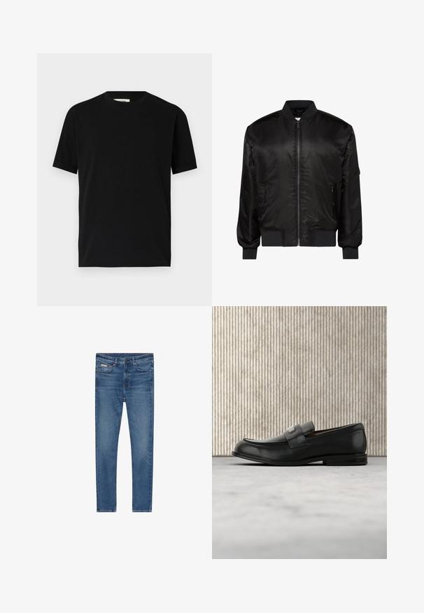 Veste bomber noire avec fermeture éclair devant, col, poignets et ourlet côtelés, et deux poches zippées à l'avant sur fond blanc.; T-shirt noir à manches courtes en coton avec un col rond et une coupe ample. Texture lisse, sans motifs ni logos visibles.; Jean en denim bleu coupe slim, cinq poches, fermeture par boutons et légère décoloration sur les cuisses et les genoux.; Mocassin en cuir noir avec une plaque de marque en métal reposant près d'une table ronde marron sur un sol recouvert de moquette beige.