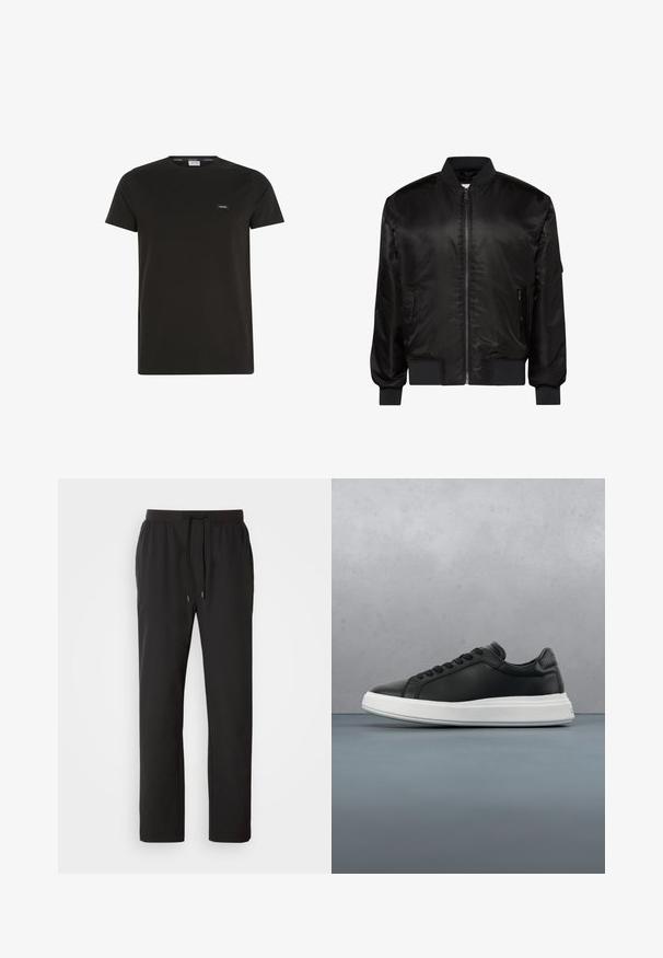 Veste bomber noire avec fermeture éclair devant, col, poignets et ourlet côtelés, et deux poches zippées à l'avant sur fond blanc.; T-shirt en coton noir avec un col rond et des manches courtes, portant une petite étiquette de marque sur la poitrine. Texture lisse, design décontracté.; Pantalons de jogging noirs en tissu léger, dotés d'une taille élastique avec cordons de serrage réglables et poches latérales. Texture lisse.; Baskets en cuir noir avec une finition lisse, semelle en caoutchouc blanc, forme arrondie, six œillets pour les lacets et une marque discrète sur le talon.
