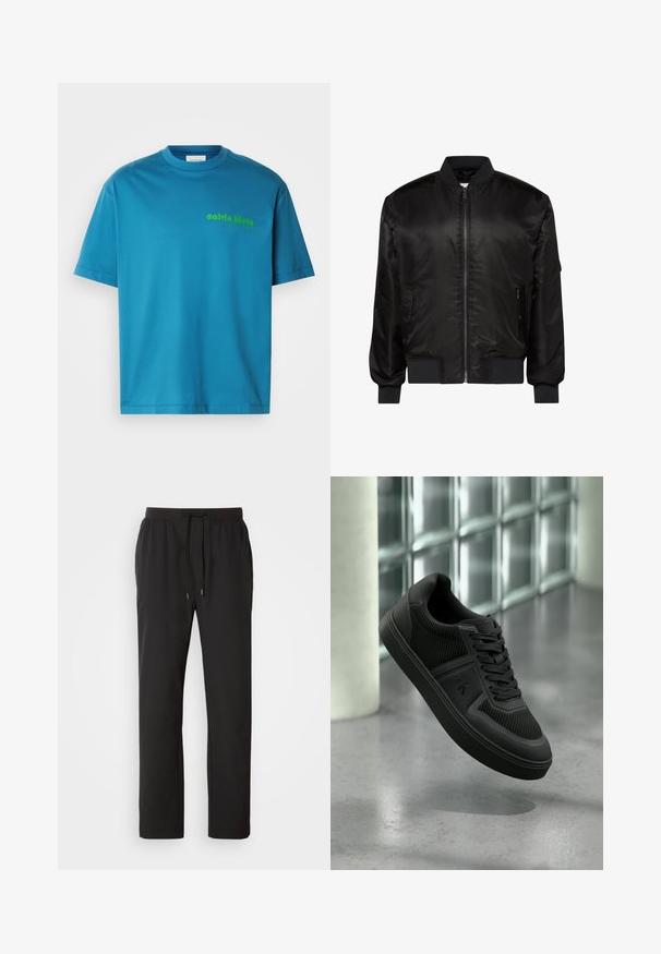 Chaqueta bomber negra con cremallera frontal, cuello, puños y dobladillo acanalados, y dos bolsillos delanteros con cremallera sobre fondo blanco.; Camiseta de algodón turquesa, con cuello redondo, mangas cortas, que presenta un logo verde de "calvin klein" impreso en la parte frontal. Textura suave.; Pantalones de chándal negros hechos de tela ligera, con una cintura elástica y cordones ajustables, además de bolsillos laterales. Textura suave.; Zapatilla negra baja con paneles texturizados, cordones y logo "ck" en el lateral, flotando sobre un suelo de hormigón pulido cerca de bloques de vidrio.