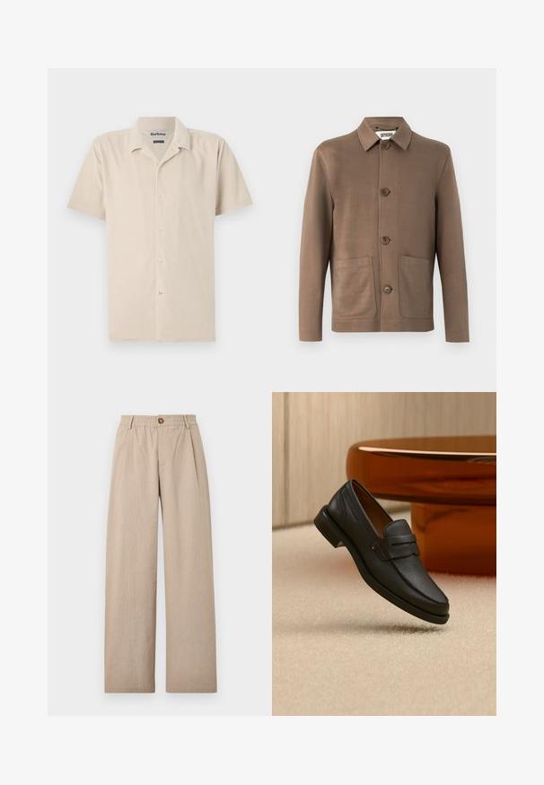 Bruine jas met een kraag, knoopsluiting en twee voorzakken. Gladde stof, minimalistisch ontwerp en subtiele stiksel details.; Korte mouwen beige shirt van zachte stof met een knoopsluiting aan de voorkant, met een klassieke kraag en subtiele textuur.; Beige wijde broek met een gestructureerde afwerking, voorzien van plooien en een elastische tailleband, die aan de voorkant met een bronzen knoop is vastgezet.; Zwarte leren herensloffen met een band over de bovenkant, getoond op een beige tapijt vlakbij een bruine moderne ronde tafel.