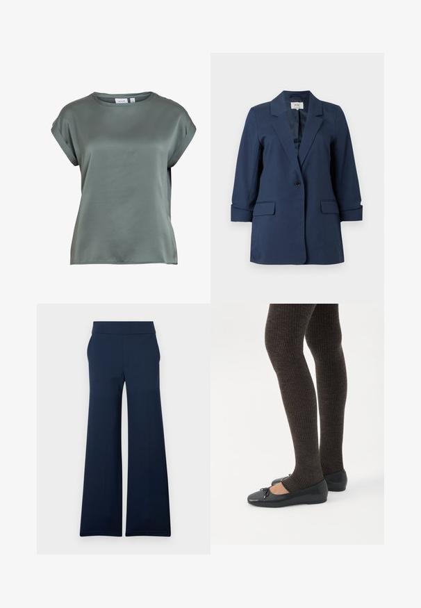 Blazer bleu marine à un bouton avec revers crantés, poches à rabat et manches trois-quarts, présenté sur fond blanc.; Blouse en satin à manches courtes vert atténué avec encolure ronde et poignets de manches repliés, étiquette de la marque visible à l'intérieur du col.; Pantalon large bleu marine avec une taille ajustée et un pli marqué à l'avant, présenté sur un fond blanc uni.; Jambes portant des leggings côtelés foncés associés à des ballerines noires avec de petits détails en nœud sur fond blanc.