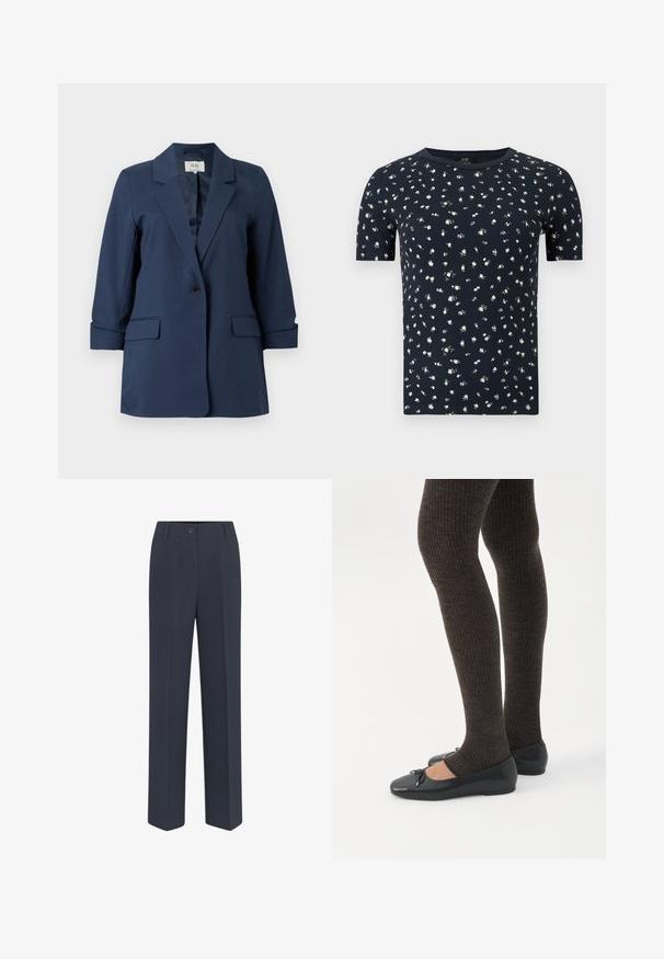 Marineblå blazer med en enkelt knap, hakrevers, klaplommer og trekvartlange ærmer, vist på en hvid baggrund.; Marineblå T-shirt med korte ærmer, lille hvidt blomsterprint og rund halsudskæring på ensfarvet baggrund.; Marineblå, skræddersyede bukser med lige ben, der har lukkefunktion foran med knap og diskrete stolpefure detaljer. Glat stofstruktur.; Ben iført mørke ribbede leggings kombineret med sorte balletsko med små sløjfedetaljer på hvid baggrund.