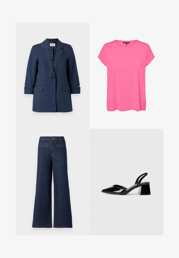 Marineblauw blazer met knoopsluiting, inkeping op de revers, klepzakken en driekwart mouwen, weergegeven op een witte achtergrond.; Felroze dames T-shirt met korte mouwen, een ronde hals en opgerolde manchetten, gemaakt van zachte stof.; Spijkerbroek met hoge taille in donkerblauw, met wijde pijpen, bovenste knoopsluiting en contrasterende oranje stiksels. Twee achterzakken zichtbaar.; Zwarte gepatineerde leren slingback hakken met een spitse neus en een geometrische blokhak. Kenmerkt zich door een slank, minimalistisch ontwerp en een gladde textuur.